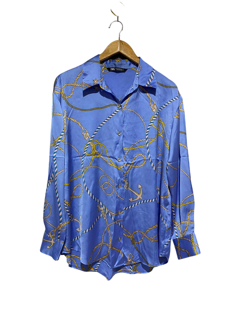 ZARA |L| BUST 21| B4| BLUE NAUTICAL ROPE AND ANCHOR PRINT SATIN BUTTON-DOWN SHIRT