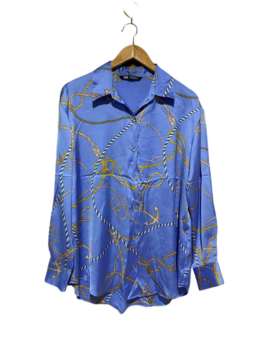 ZARA |L| BUST 21| B4| BLUE NAUTICAL ROPE AND ANCHOR PRINT SATIN BUTTON-DOWN SHIRT