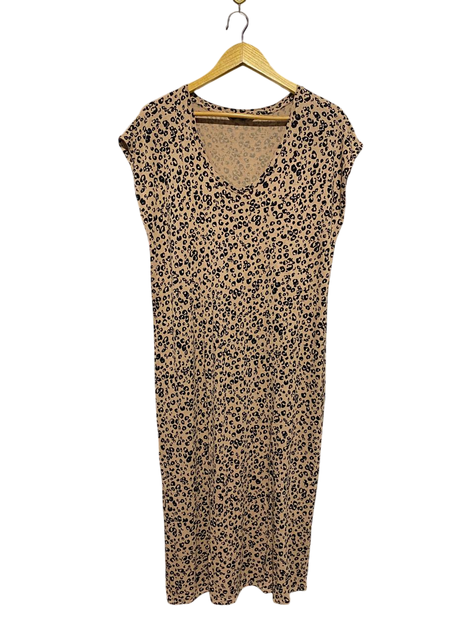 M&S |L| BUST 20| B4| LEOPARD PRINT V-NECK CAP SLEEVE MIDI T-SHIRT DRESS