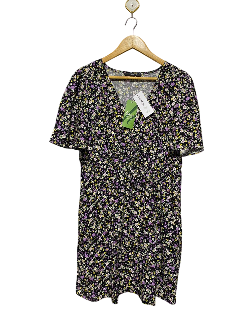 GEORGE |L| BUST 19| B4| PURPLE & YELLOW DITSY FLORAL V-NECK TEA DRESS WITH TIE FRONT