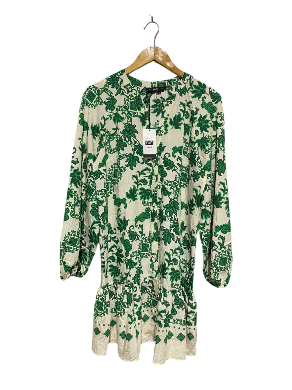 F&F |M| BUST 20| B4| THE EDIT GREEN BAROQUE PRINT PEPLUM HEM MINI SHIRT DRESS
