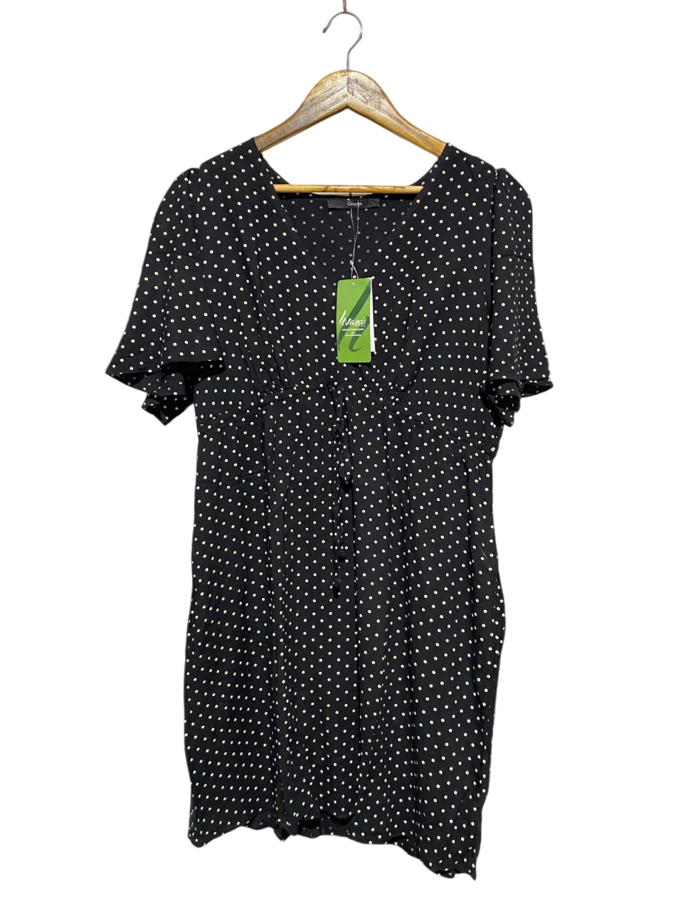 GEORGE |M| BUST 19| B4| BLACK & WHITE POLKA DOT V-NECK MINI DRESS WITH TIE DETAIL