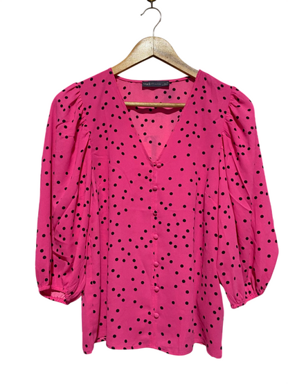 M&S |M| BUST 18| B4| PINK POLKA DOT PUFF SLEEVE BUTTON-FRONT BLOUSE