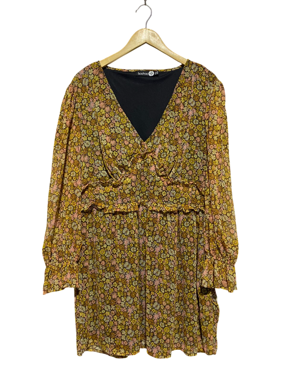 BOOHOO |XL| BUST 21| B4| PLUS MUSTARD FLORAL PRINT RUFFLE DETAIL MINI DRESS