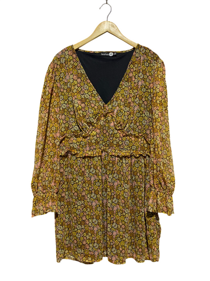 BOOHOO |XL| BUST 21| B4| PLUS MUSTARD FLORAL PRINT RUFFLE DETAIL MINI DRESS