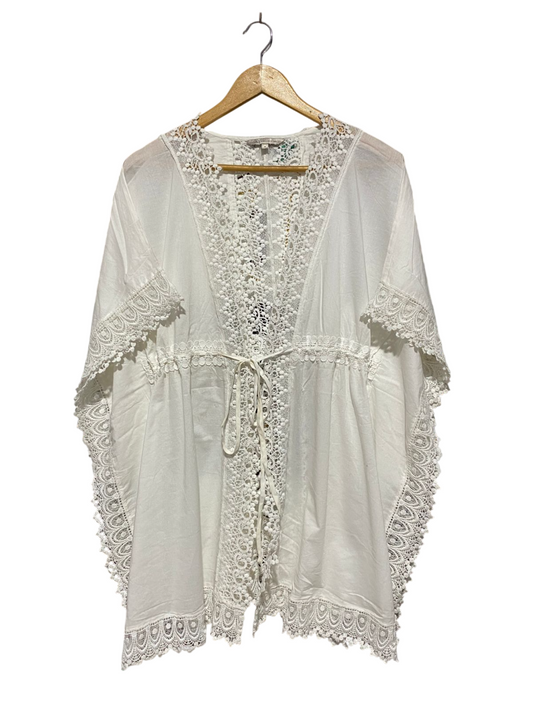M&S |S| BUST FREE| B4| WHITE CROCHET LACE EMBROIDERED KAFTAN COVER-UP