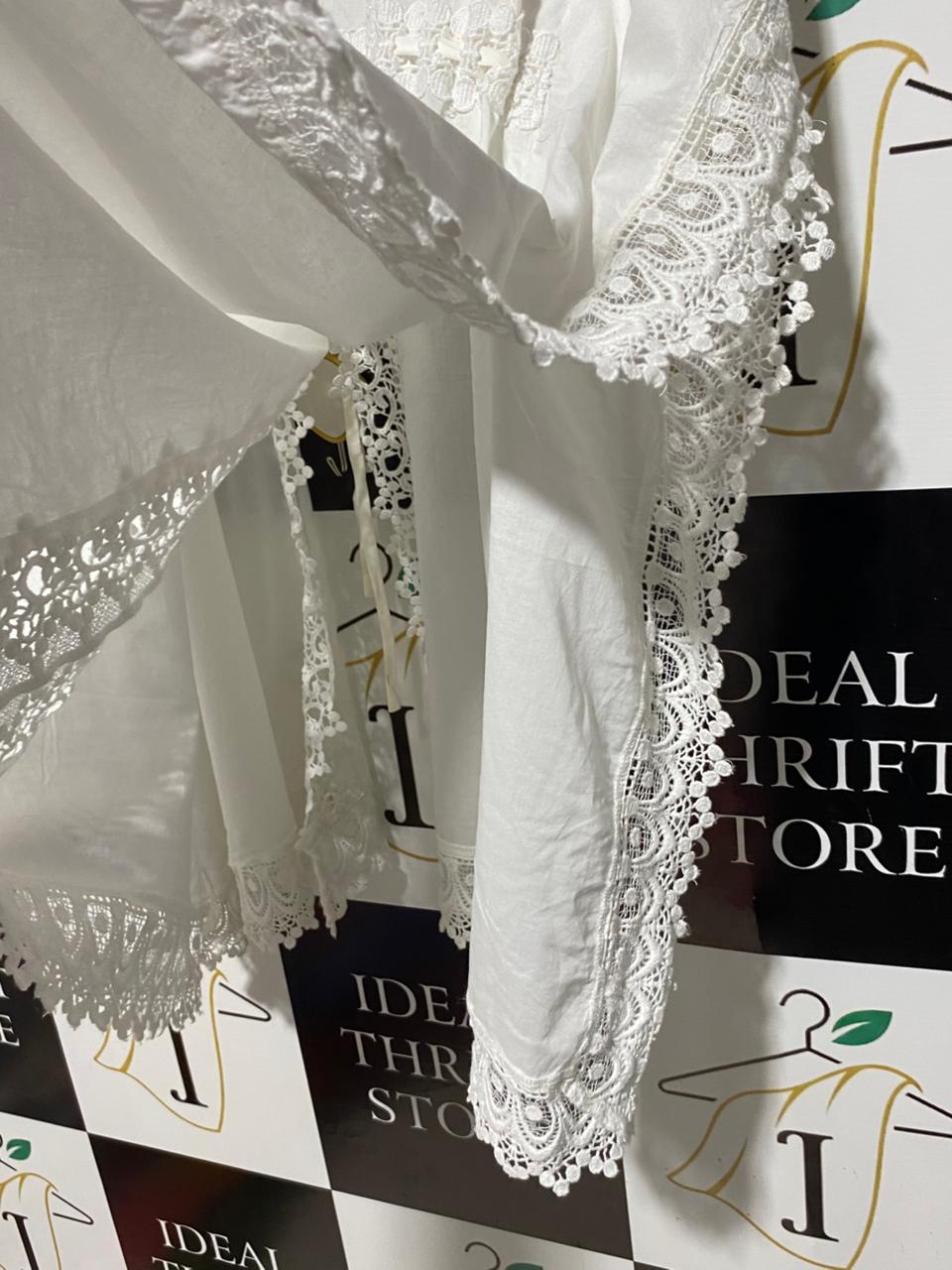 M&S |S| BUST FREE| B4| WHITE CROCHET LACE EMBROIDERED KAFTAN COVER-UP