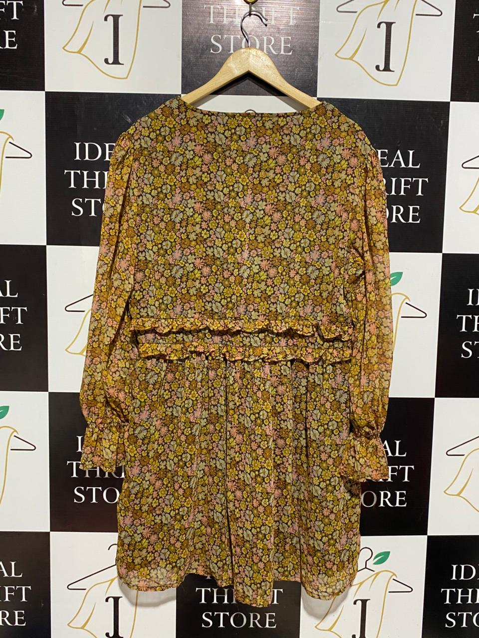 BOOHOO |XL| BUST 21| B4| PLUS MUSTARD FLORAL PRINT RUFFLE DETAIL MINI DRESS