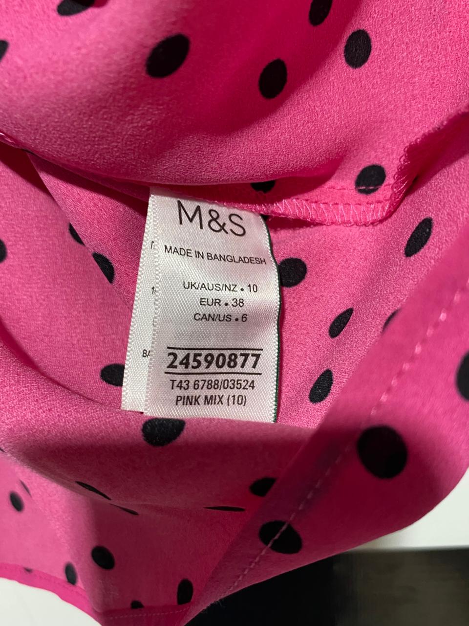 M&S |M| BUST 18| B4| PINK POLKA DOT PUFF SLEEVE BUTTON-FRONT BLOUSE
