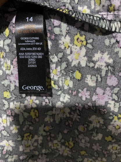 GEORGE |L| BUST 19| B4| PURPLE & YELLOW DITSY FLORAL V-NECK TEA DRESS WITH TIE FRONT