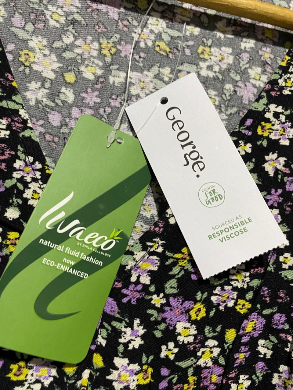 GEORGE |L| BUST 19| B4| PURPLE & YELLOW DITSY FLORAL V-NECK TEA DRESS WITH TIE FRONT