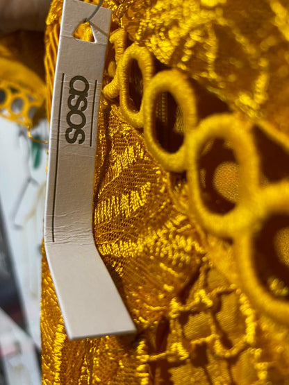 ASOS |M| BUST 17| B4| MUSTARD YELLOW EMBROIDERED EYELET LACE HIGH-LOW MIDI DRESS