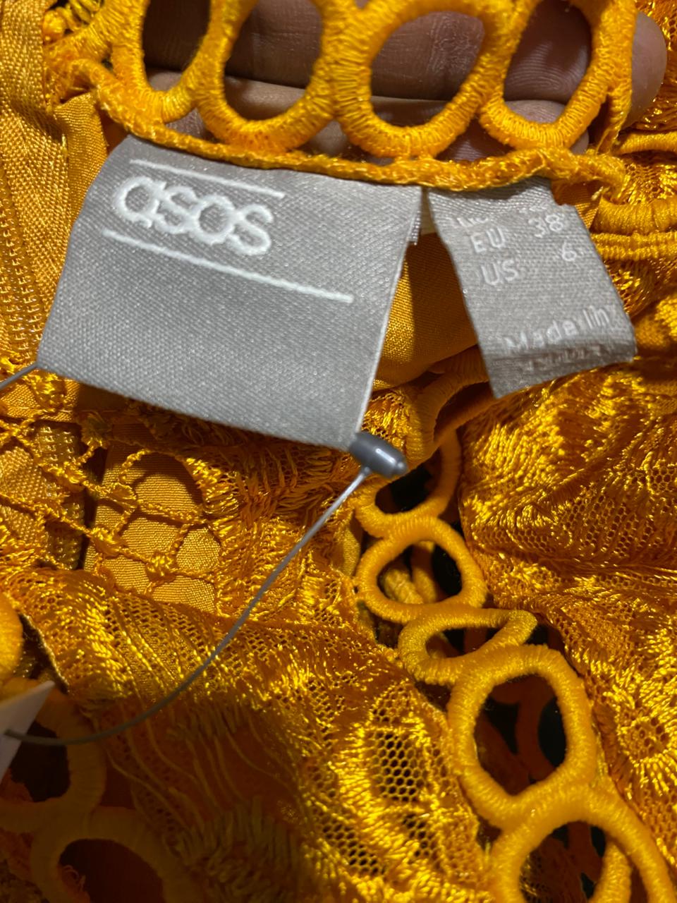 ASOS |M| BUST 17| B4| MUSTARD YELLOW EMBROIDERED EYELET LACE HIGH-LOW MIDI DRESS