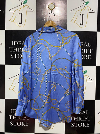 ZARA |L| BUST 21| B4| BLUE NAUTICAL ROPE AND ANCHOR PRINT SATIN BUTTON-DOWN SHIRT