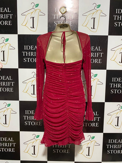 MARTHEA |S| BUST 18| B4| RED GLITTER MESH RUCHED BODYCON MINI DRESS WITH FLARE SLEEVES