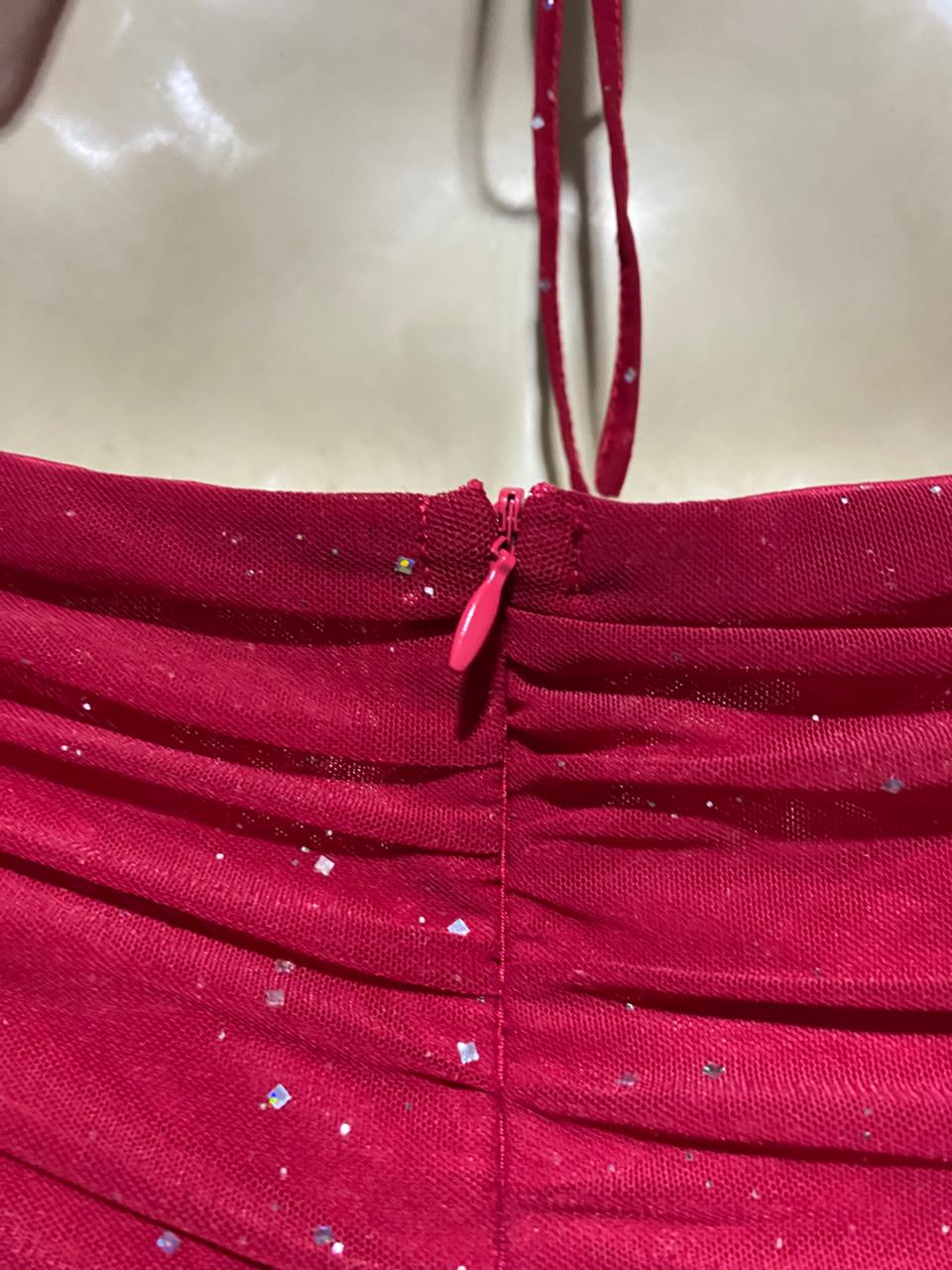 MARTHEA |S| BUST 18| B4| RED GLITTER MESH RUCHED BODYCON MINI DRESS WITH FLARE SLEEVES