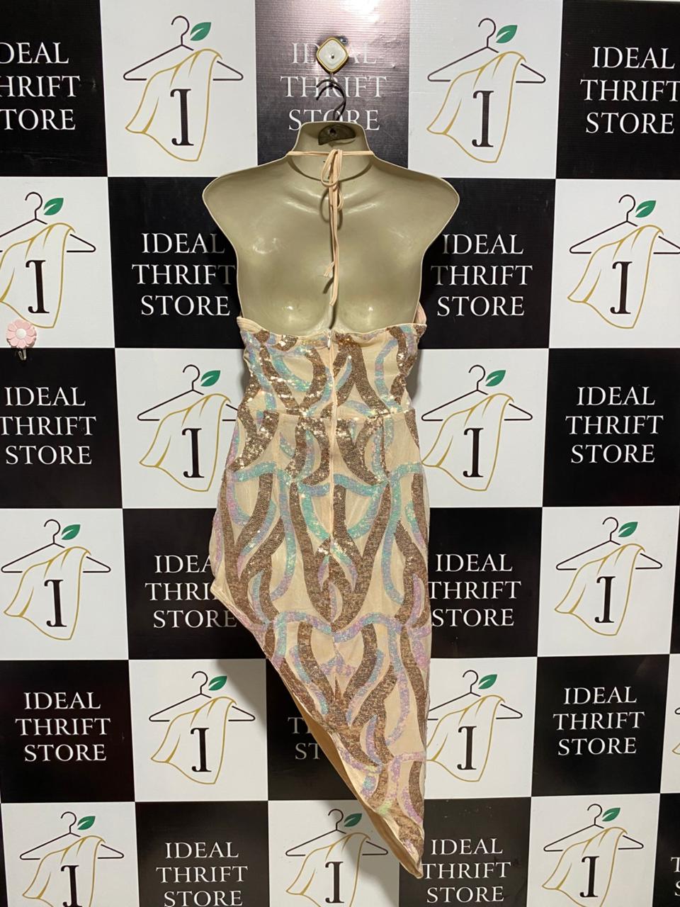 SHEIN |M| BUST 20| B4| GLITTY CHAMPAGNE SEQUIN CUT-OUT ASYMMETRICAL MINI DRESS