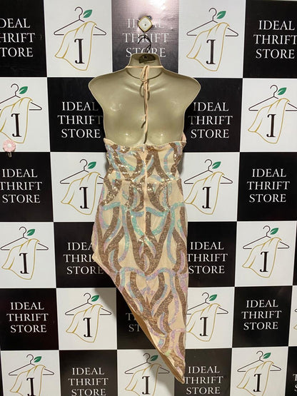 SHEIN |M| BUST 20| B4| GLITTY CHAMPAGNE SEQUIN CUT-OUT ASYMMETRICAL MINI DRESS