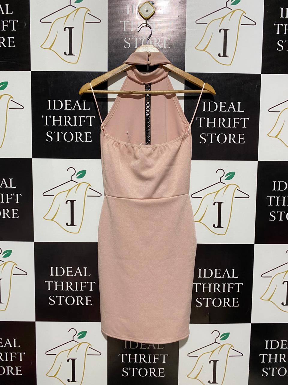 QUIZ |S| BUST 14| B4| CHIC BLUSH PINK HALTER NECK MINI DRESS WITH BLACK LACE-UP LATTICE DETAIL