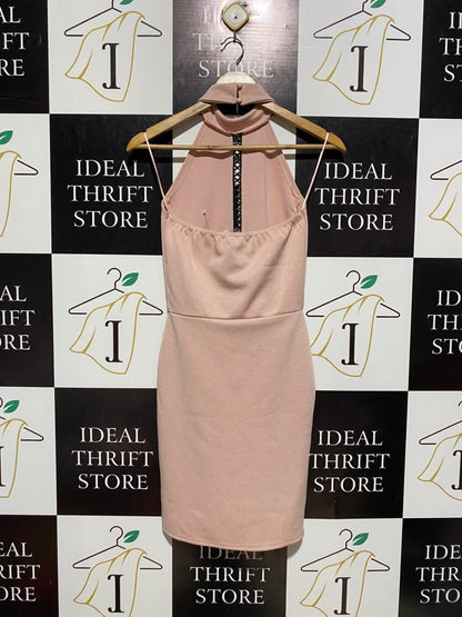 QUIZ |S| BUST 14| B4| CHIC BLUSH PINK HALTER NECK MINI DRESS WITH BLACK LACE-UP LATTICE DETAIL