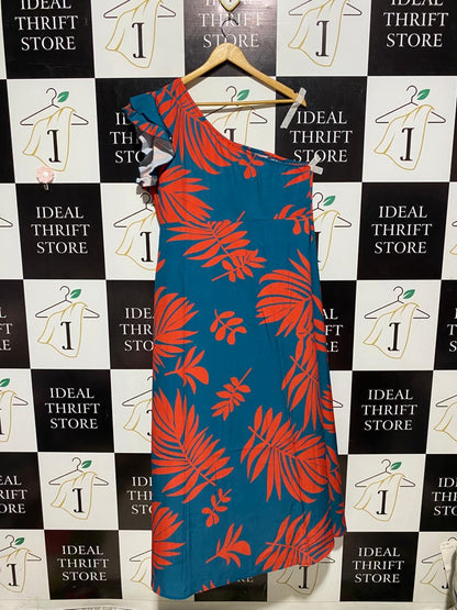 ONE-SHOULDER TROPICAL PALM PRINT MIDI DRESS WITH RUFFLE |XL| BUST 21| B4|