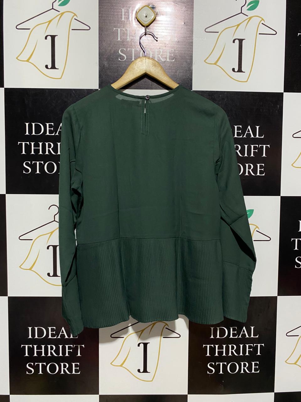 JOE BREUNS |L| BUST 19| B4| ELEGANT FOREST GREEN PEPLUM BLOUSE WITH LACE OVERLAY AND PLEATED HEM