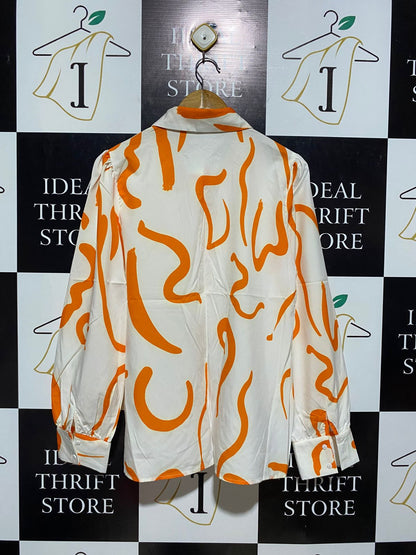 SHEIN |L| BUST 21| B4| MODERN ABSTRACT ORANGE PRINT LONG-SLEEVE BUTTON-UP BLOUSE