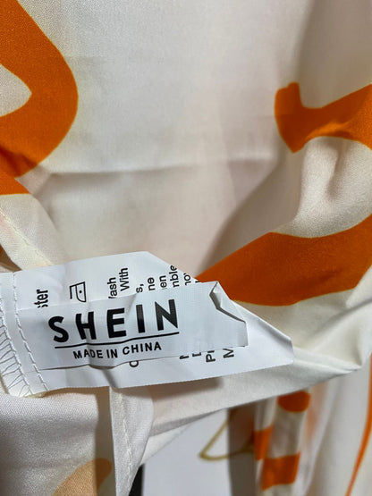 SHEIN |L| BUST 21| B4| MODERN ABSTRACT ORANGE PRINT LONG-SLEEVE BUTTON-UP BLOUSE