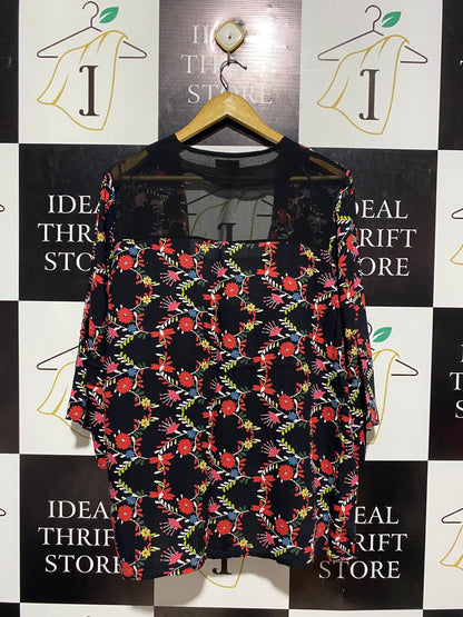 F&F |XL| BUST 24| B4| BLACK FLORAL OPEN-FRONT KIMONO WITH WIDE SLEEVES