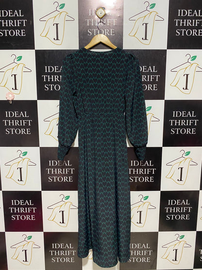 NEW LOOK |M| BUST 16| B4| DARK GREEN HEART PRINT BUTTON-FRONT MIDI DRESS