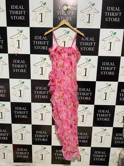 STUNNING PINK FLORAL RUFFLE MAXI DRESS WITH CASCADING LAYERS |M| BUST 15| B4|