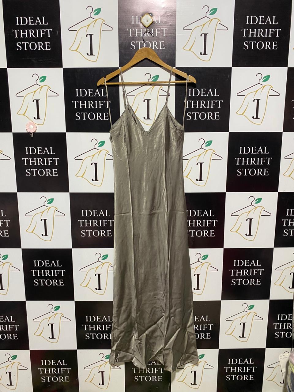 ZARA |M| BUST 16| B4| ELEGANT METALLIC SAGE GREEN RUCHE-FRONT SATIN SLIP MIDI DRESS