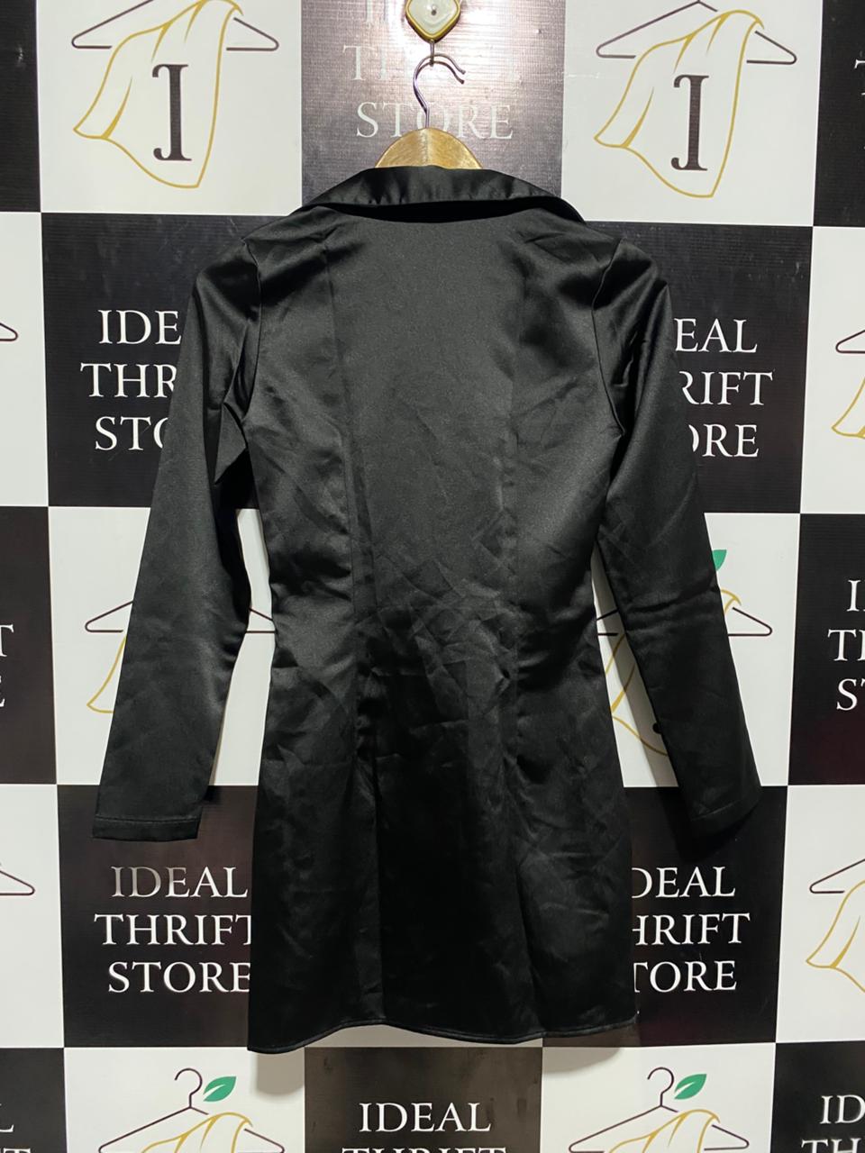 ZARA | XS| BUST 15| B4| BLACK SATIN RUCHED BUTTON-FRONT MINI SHIRT DRESS