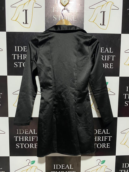 ZARA | XS| BUST 15| B4| BLACK SATIN RUCHED BUTTON-FRONT MINI SHIRT DRESS