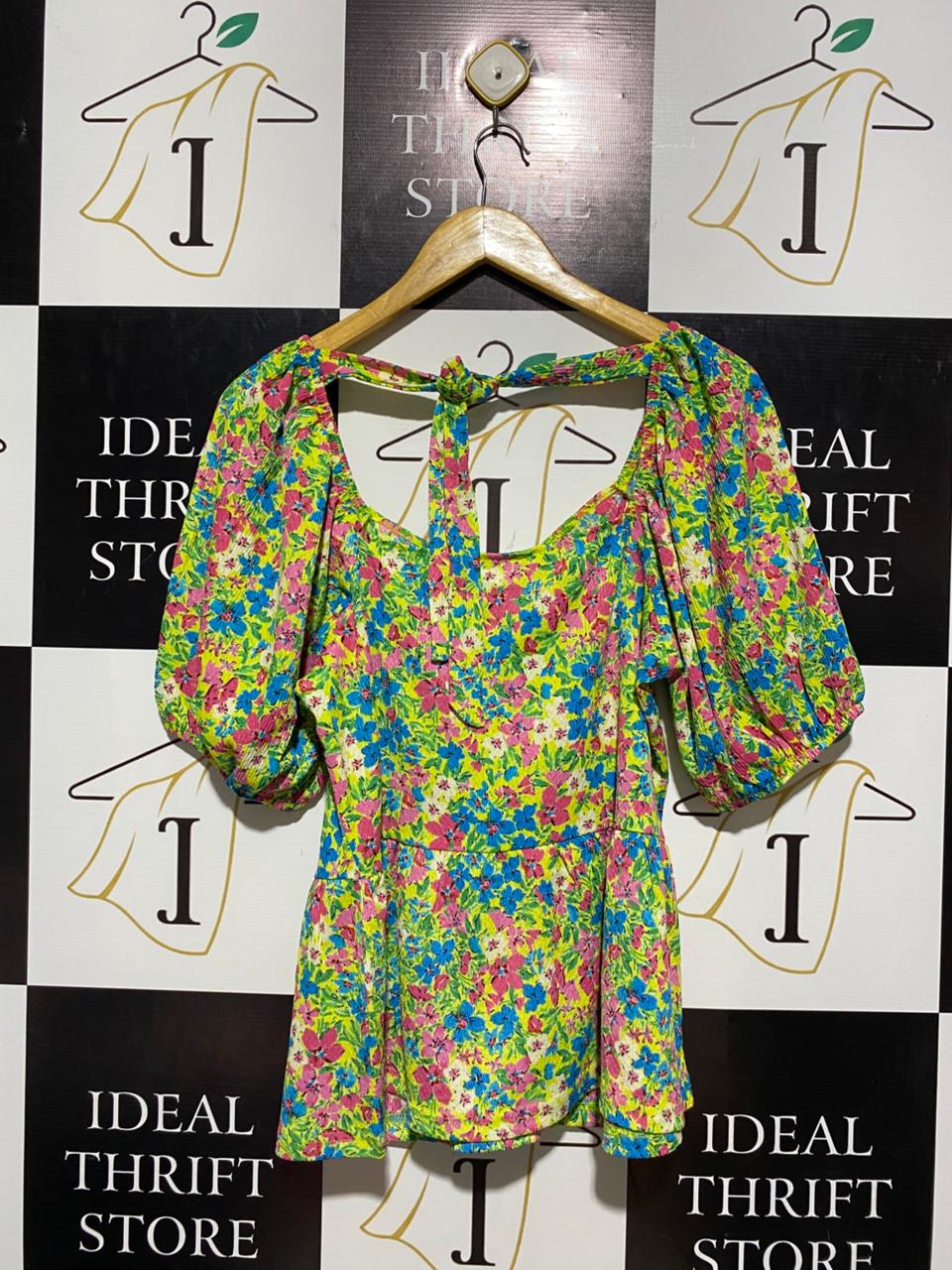 PEP & CO |L| BUST 19| B4| VIBRANT MULTICOLOR FLORAL PUFF SLEEVE PEPLUM TOP