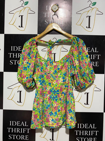 PEP & CO |L| BUST 19| B4| VIBRANT MULTICOLOR FLORAL PUFF SLEEVE PEPLUM TOP
