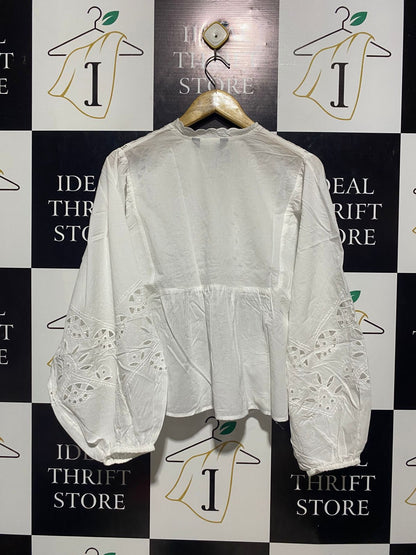 F&F |M| BUST 19| B4| WHITE BRODERIE ANGLAISE BALLOON SLEEVE BOHEMIAN BLOUSE