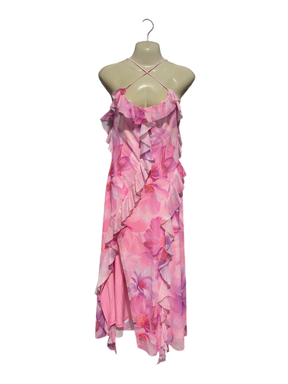 SHEIN |S| BUST 17| B4| ROMANTIC PINK FLORAL RUFFLE MAXI DRESS WITH HALTER CROSS NECK