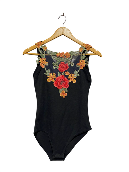 BOOHOO |S| BUST 14| B4| ELEGANT EMBROIDERED FLORAL MESH BODYSUIT IN CLASSIC BLACK