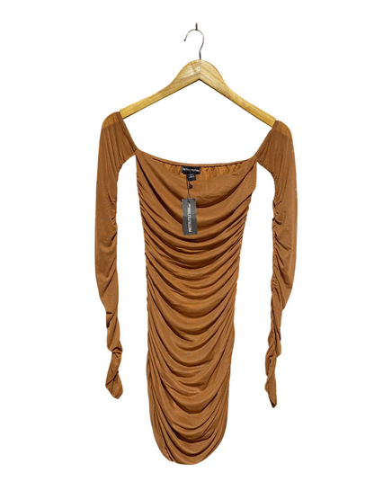 PRETTYLITTLE THING |M| BUST 11| B16| CAMEL RUCHED OFF-THE-SHOULDER BODYCON MINI DRESS