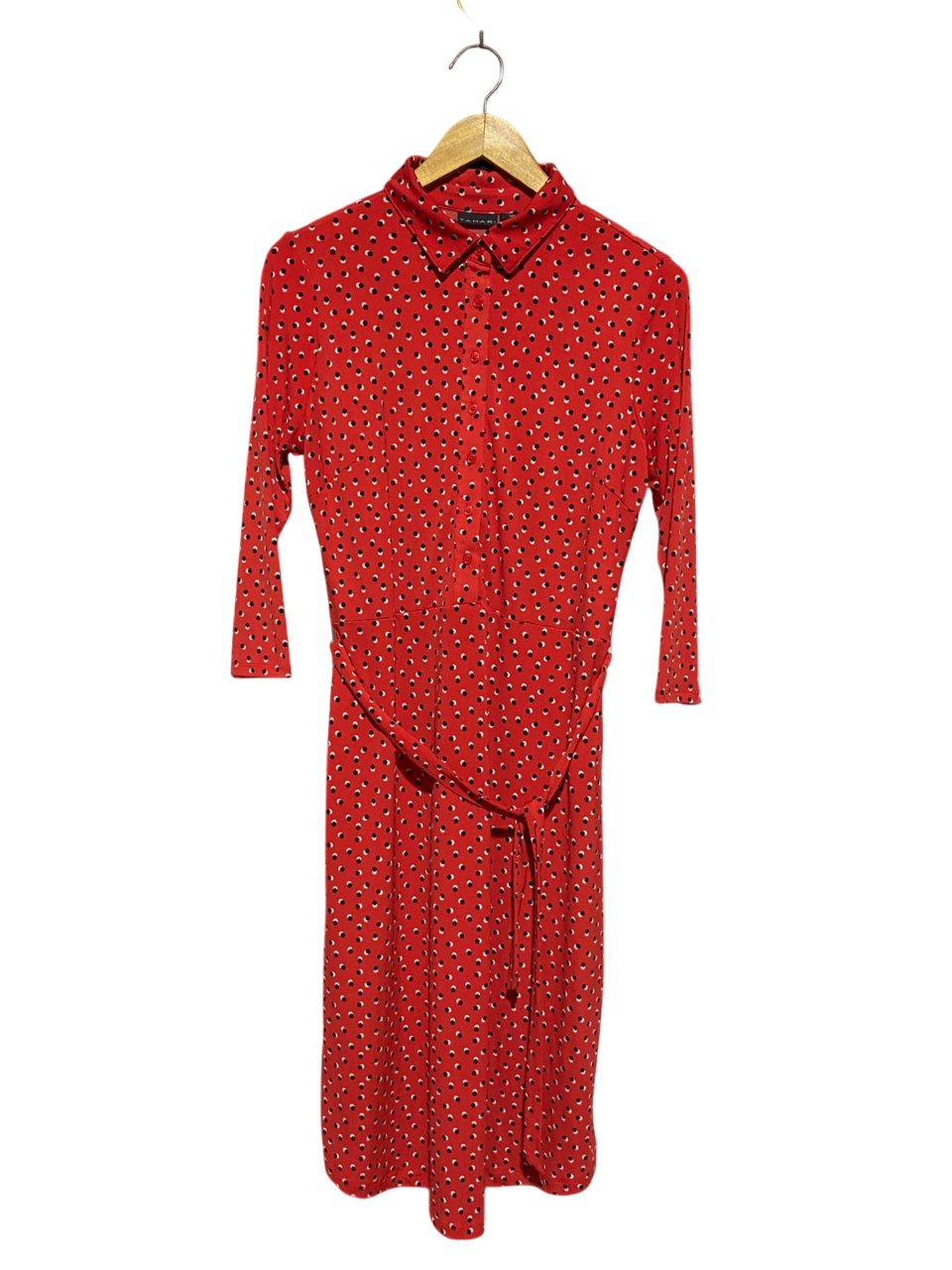 TAHARI |M| BUST 18| B4| RED POLKA DOT BUTTON-FRONT MIDI DRESS WITH WAIST TIE