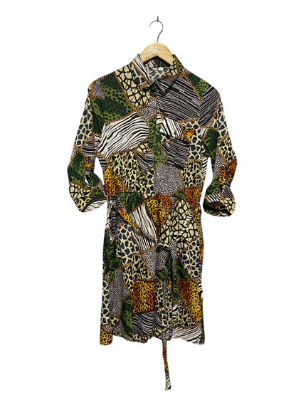 PEP & CO |M| BUST 19| B4| MIXED ANIMAL PRINT PATCHWORK SHIRT DRESS WITH WAIST TIE