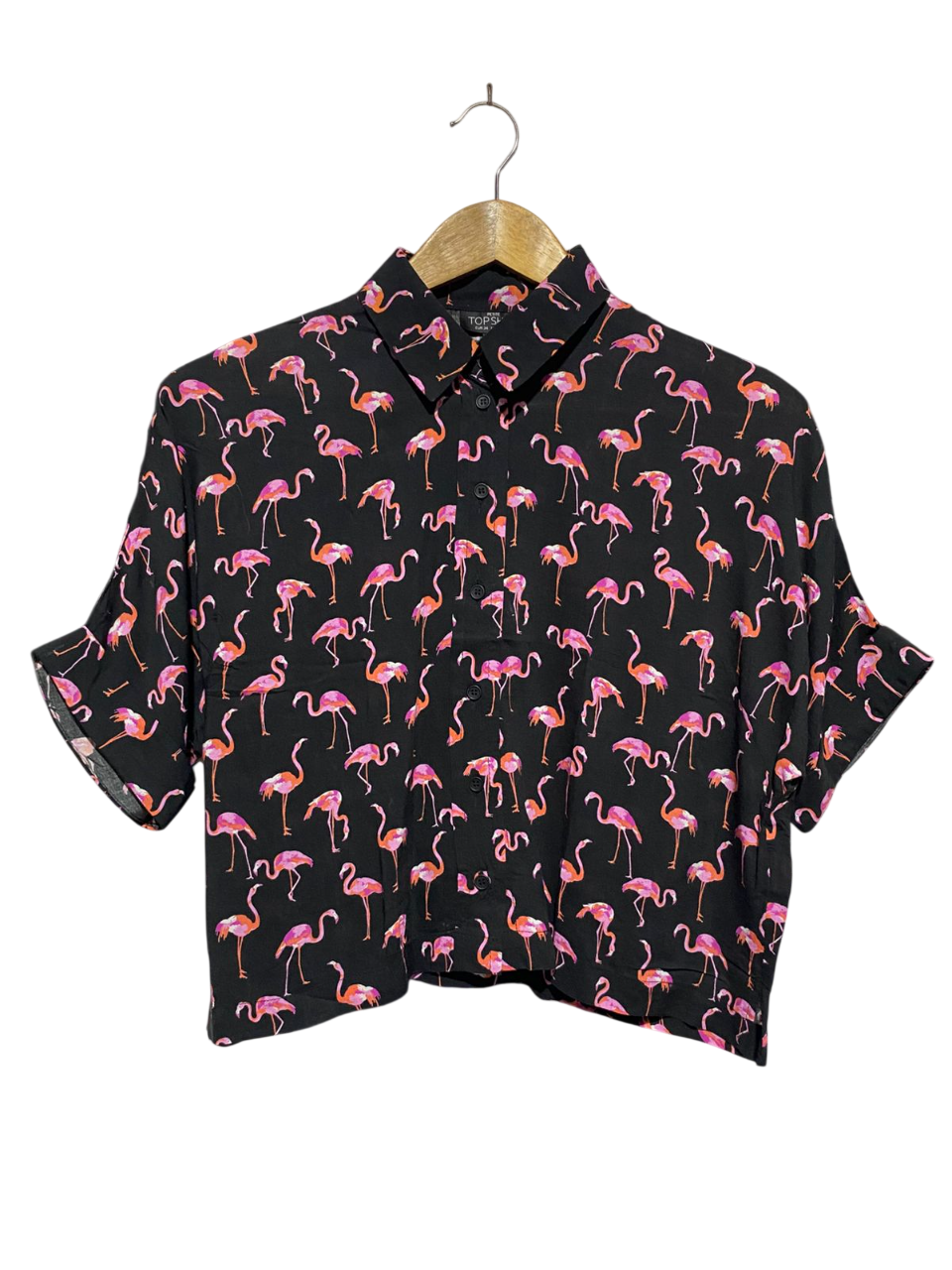 TOP SHOP |S| BUST FREE |B4| BLACK FLAMINGO PRINT SHORT SLEEVE CROP SHIRT