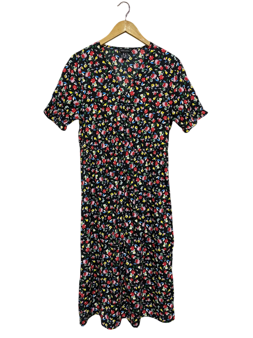 NEW LOOK |L| BUST 18| B4| BLACK MULTICOLOR FLORAL V-NECK MIDI DRESS