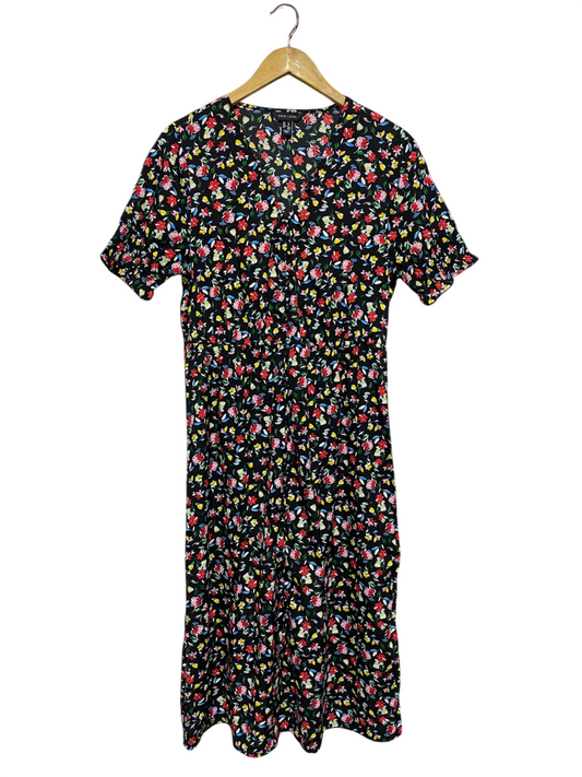 NEW LOOK |L| BUST 18| B4| BLACK MULTICOLOR FLORAL V-NECK MIDI DRESS