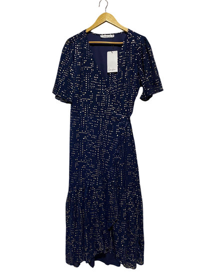 LONDON |XL| BUST 19| B4| V-NECK NAVY BLUE METALLIC GOLD FOIL MIDI WRAP DRESS
