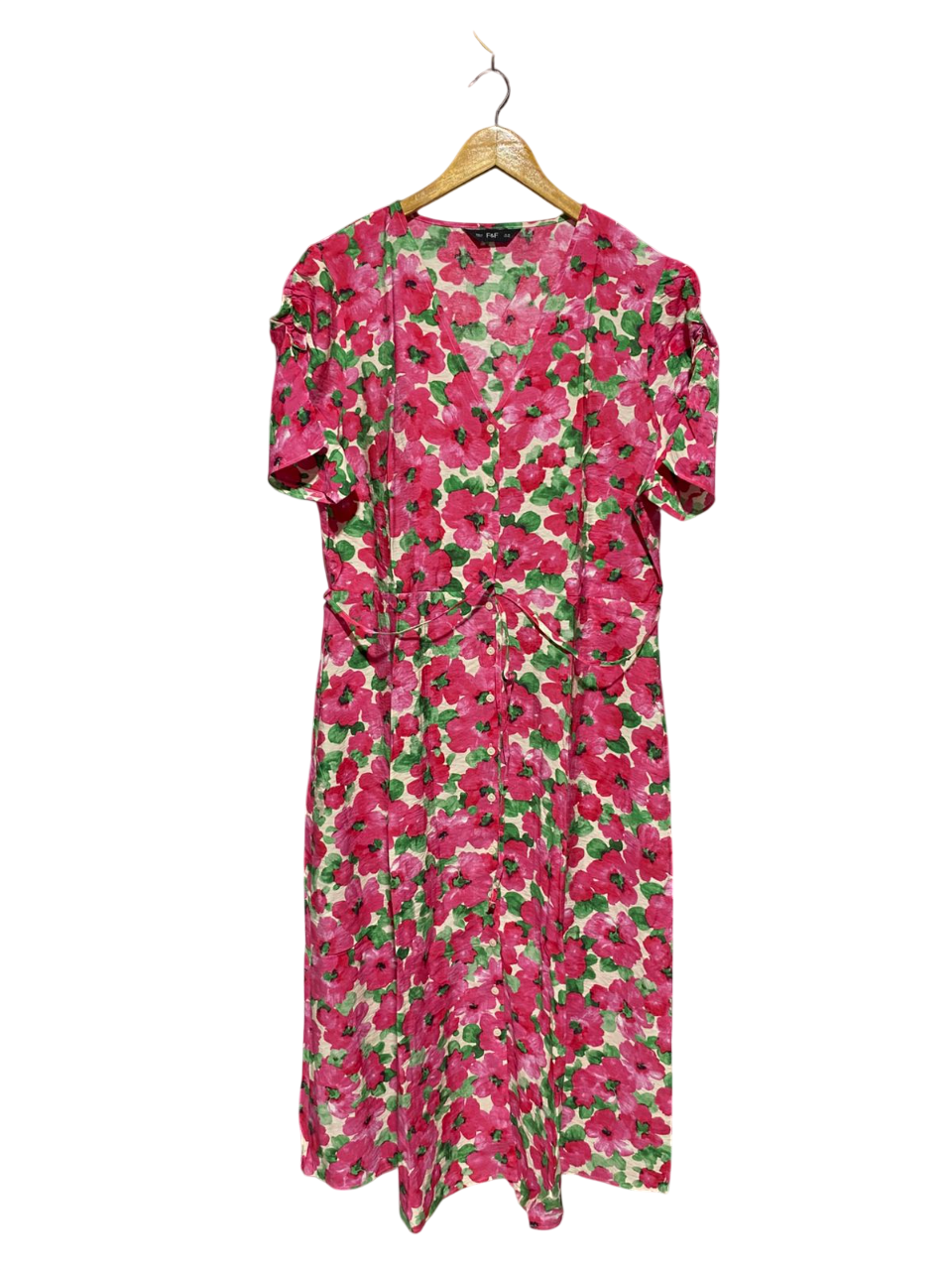 F&F |XL| BUST 22| B4| PINK FLORAL V-NECK BUTTON-DOWN MIDI DRESS
