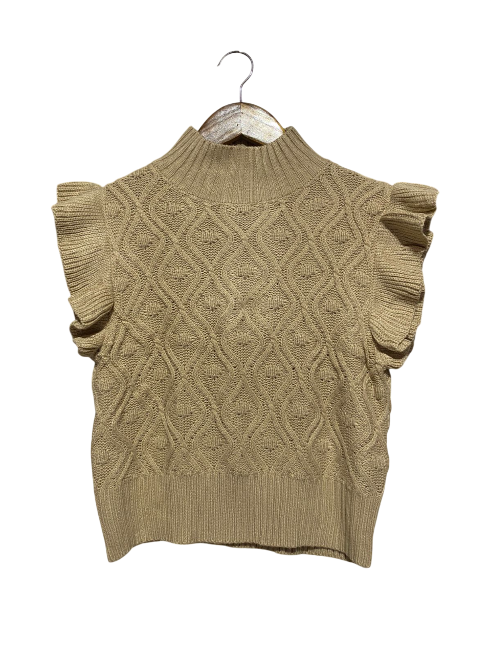 SHEIN |M| BUST 16| B4| CHIC BEIGE CABLE KNIT MOCK NECK RUFFLE SLEEVE SWEATER VEST