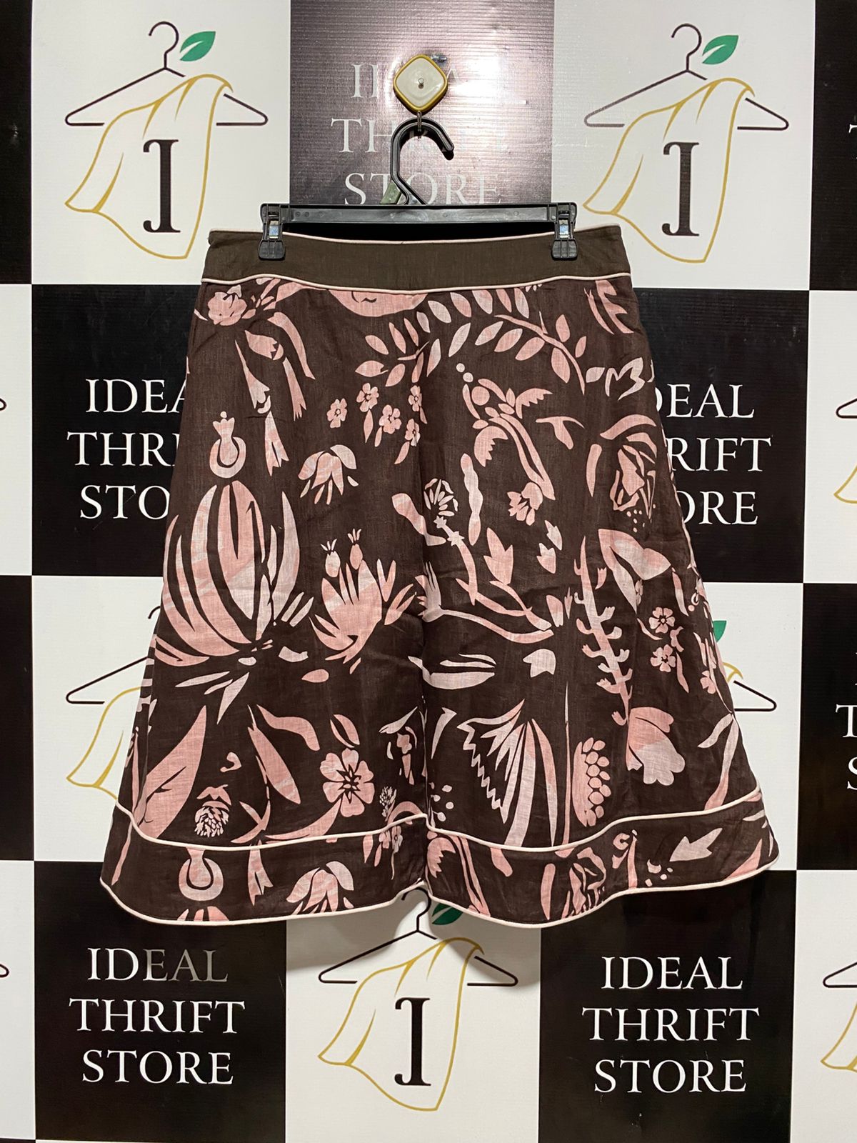 FENN WRIGHT MANSON |L| WAIST 32| B5| LUXURY FLORAL LINEN SKIRT BROWN AND PINK