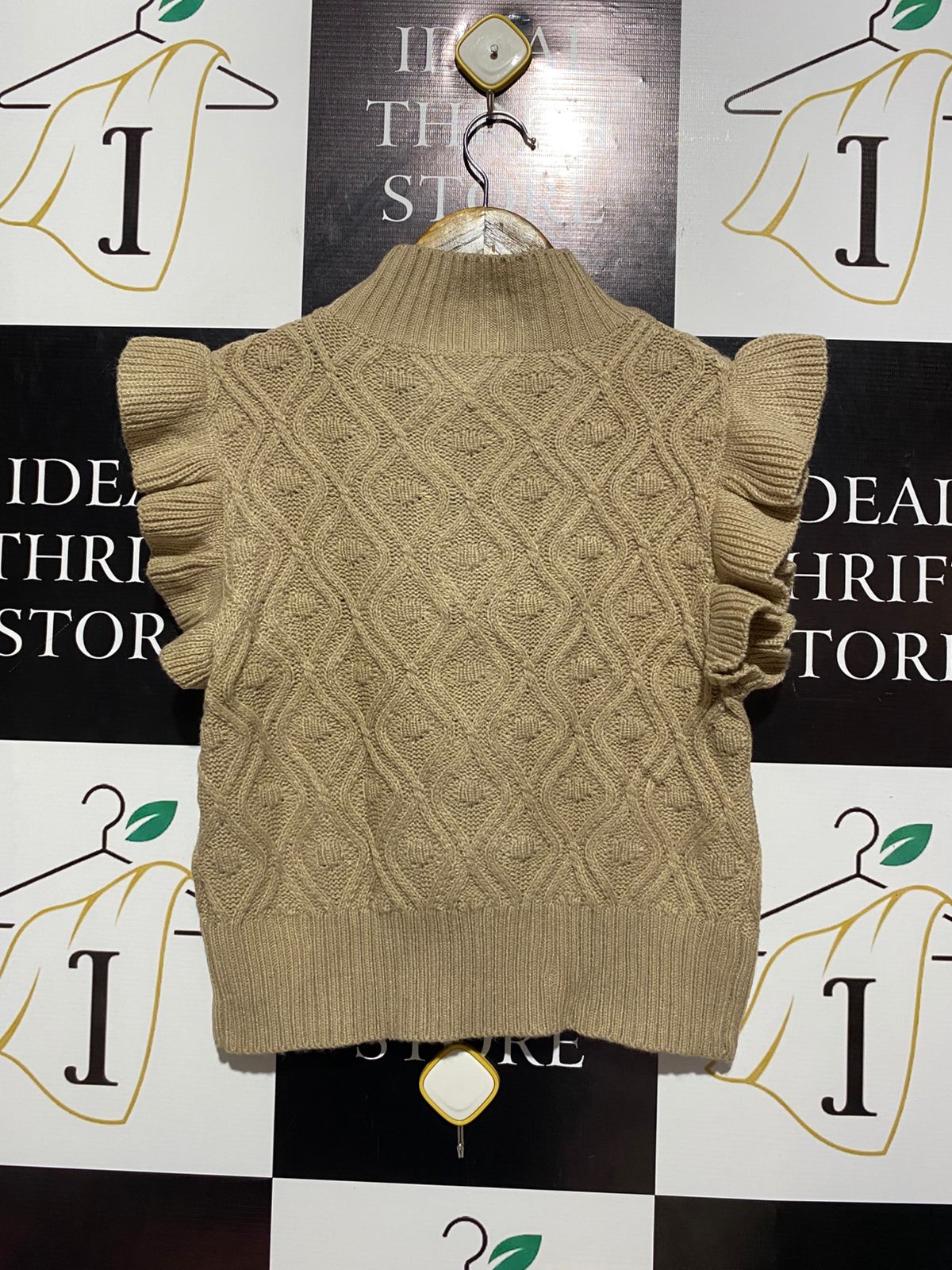 SHEIN |M| BUST 16| B4| CHIC BEIGE CABLE KNIT MOCK NECK RUFFLE SLEEVE SWEATER VEST